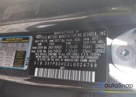 2020 Kia Telluride S z USA, uszkodzony, nr VIN 5XYP6DHC2LG024768